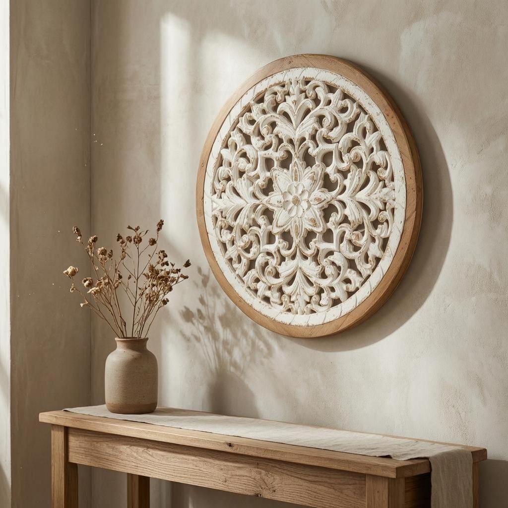 Arte da Parete Floreale Intagliata Pannello in Legno Sbiancato Traforato Decorazione per la Casa