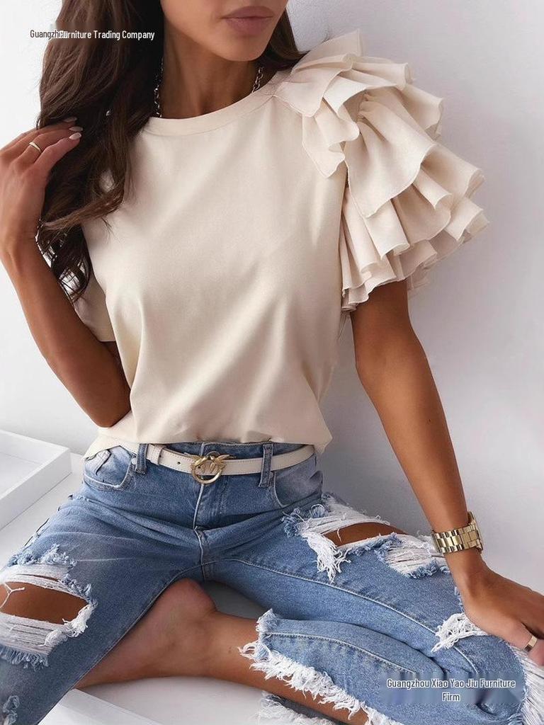 2026 Summer Fashion Women's Ruffle Short Sleeve Round Neck T-shirt, European and American Style
