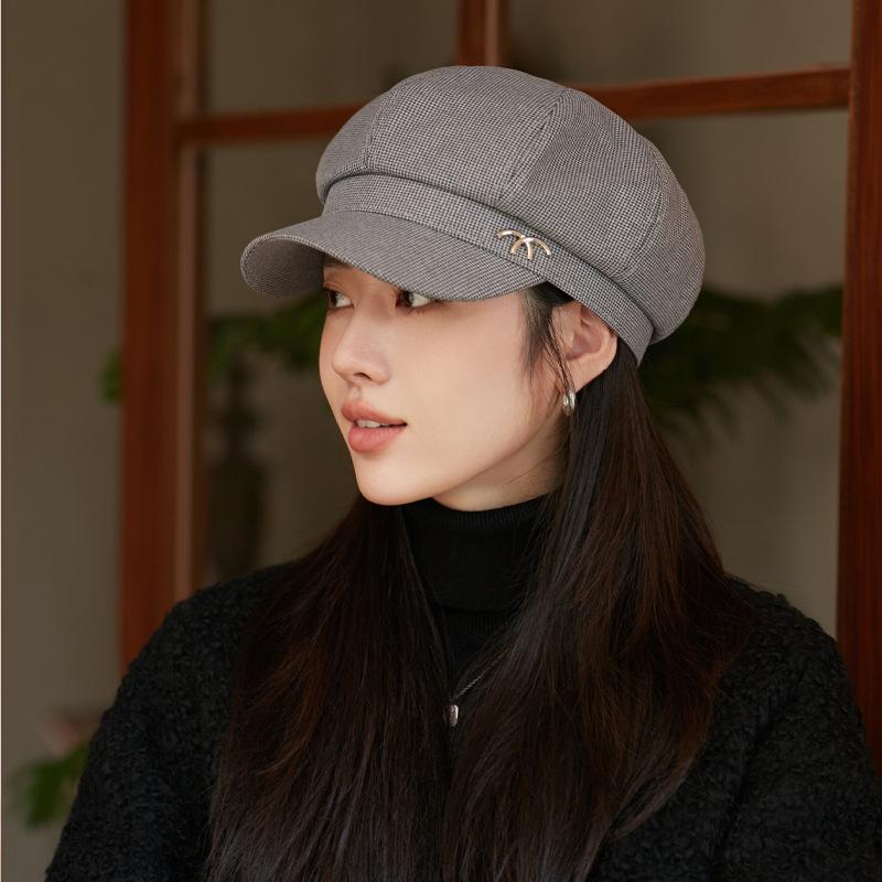 

Korean Version of Autumn and Winter Hat for Women Metal Houndstooth Octagonal Hat for Winter Warmth Literary Retro Newspaper Hat One Size