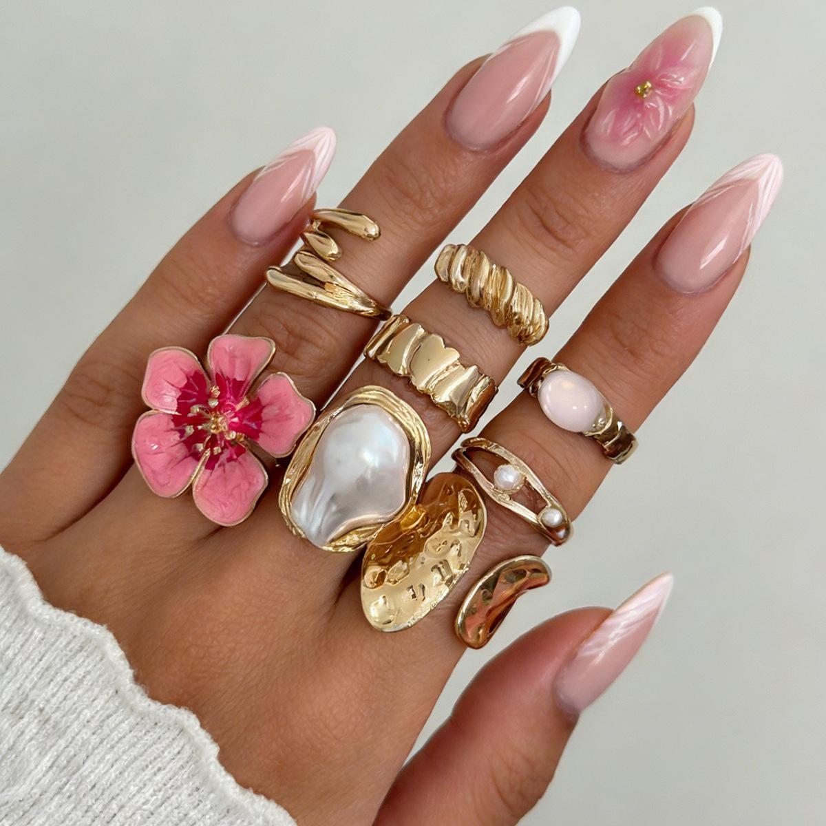 8Pcs/Set Fashion Baroque Pearl Irregular Geometric Open Rings For Women Men Punk Metal Adjustable Knuckle Joint Ring Jewelry