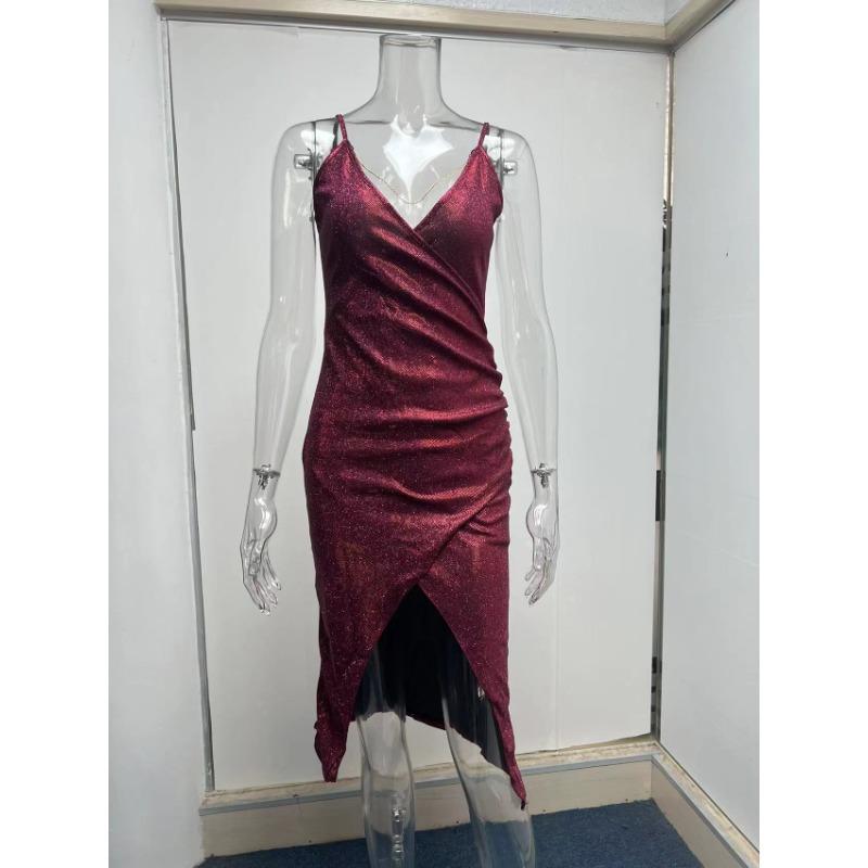 Spring/summer Sexy Glitter Dress with High Split Deep V Strap