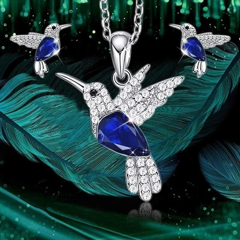 Collier Colibri en Cristal Turquoise Mode Femme Mignon Animal Oiseau Collier Chaîne de Clavicule Bijoux de Banquet Mariage Cadeau blue