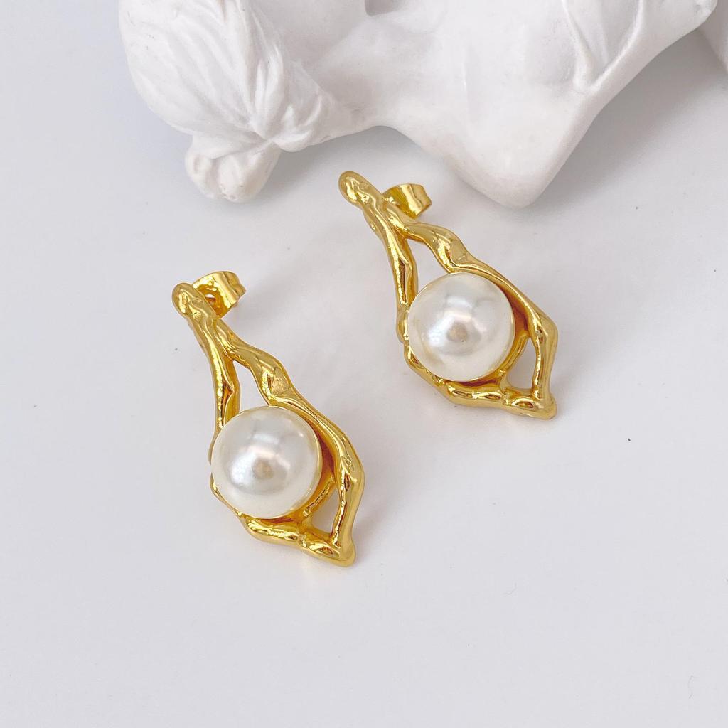 Elegant Stainless Steel Pearl Earrings - European & American Style, Titanium French Dangle, Luxurious Light Studs