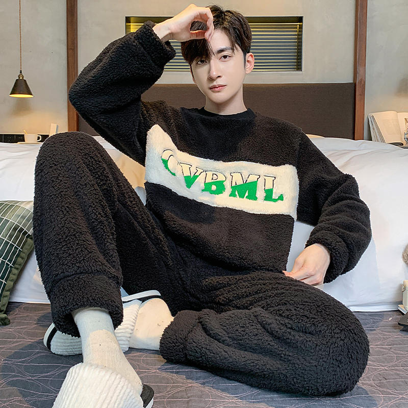 Thick Flannel Men's Pajamas Set Autumn Winter Plus Velvet Thicken Long Sleeves Sleepwear Pjs Nightwear Warm Lounge Wear Set