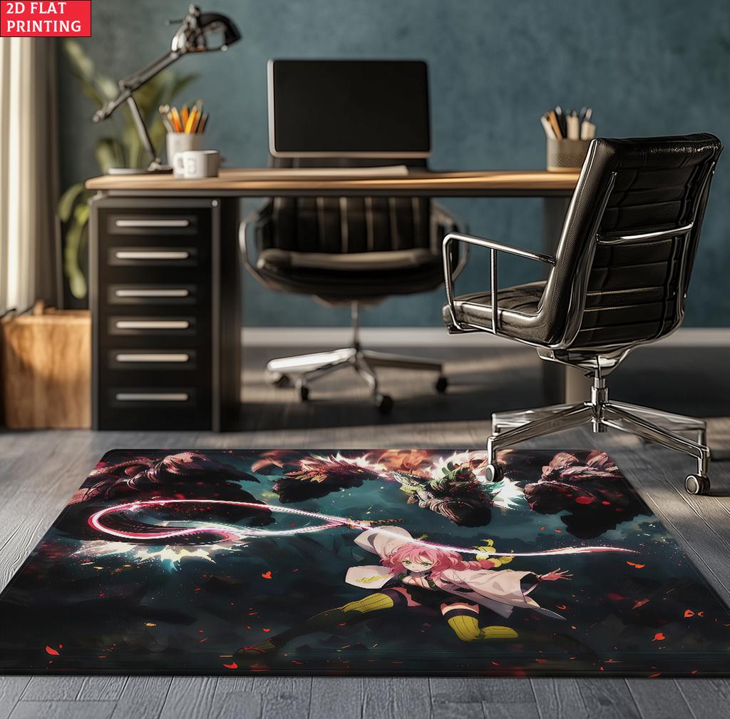 Anime Swordsman Area Rug, Blue Water Wave Theme  Floor Mat, Decorative Carpet for Gaming Room Bedroom, Washable Home Decor Gift