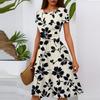 Women's Casual Fashion Round Neck Pleated Short Sleeve Floral Print A-Line Midi Dress