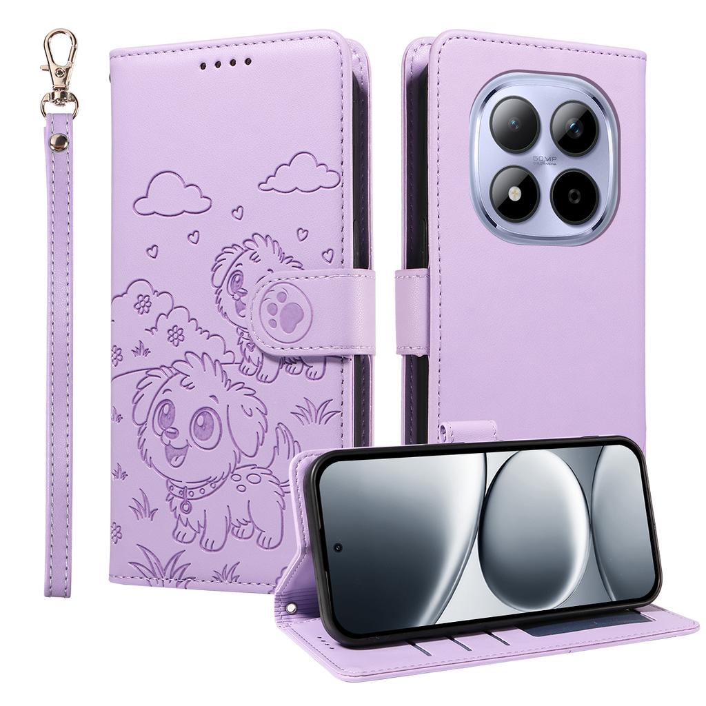 Etui do Xiaomi Redmi Note 15 Pro 5G z blokadą RFID, wytłaczany wzór psa, pokrywa na telefon ze skóry PU z paskiem na nadgarstek