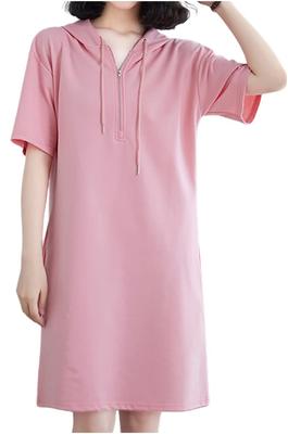 Chunachi Hoodie Short Solid Loose Comfortable Round Spring Dress, Casual, Hooded, Sleeve, Tunic, Knee-Length, Color, Simple, Spring, Summer, Fall,
