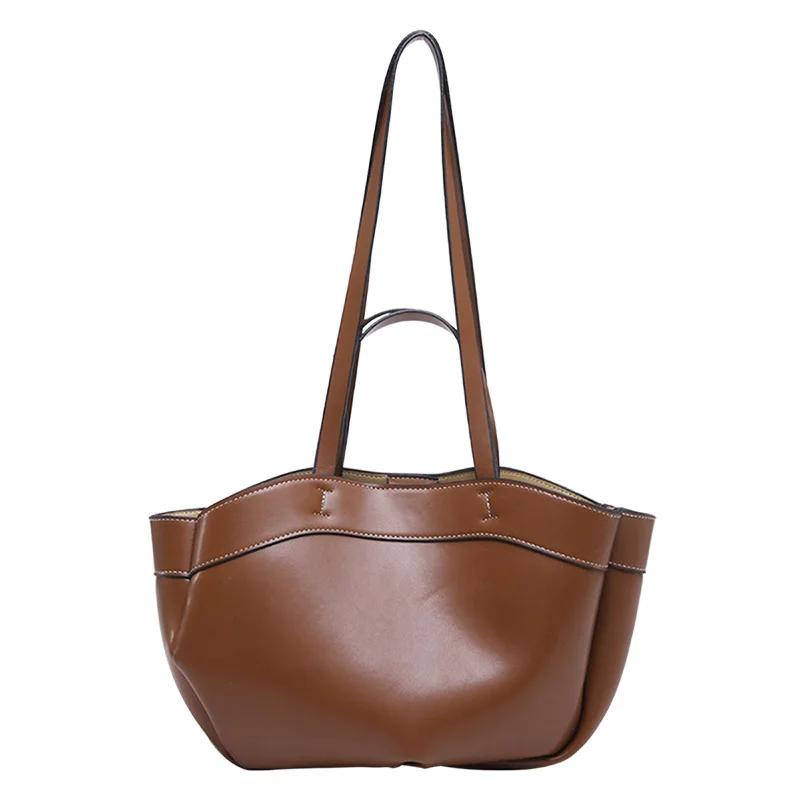 

Brand Women s Shoulder Bag, Brown Retro-style Fashion Tote Bag New Luxury Designer Shoulder Bag Shiny Leather Large Bucket Bag коричневий