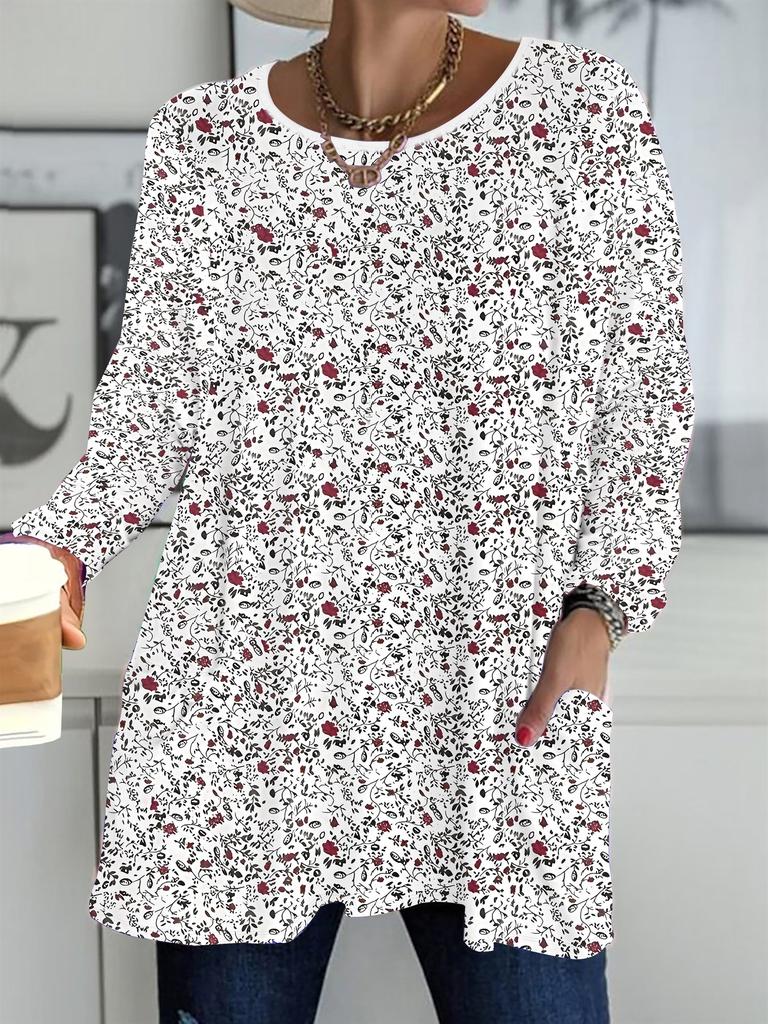 Jesień Zima 2025 Nowe Damskie Bluzki Plus Size, Modne T-Shirty z Okrągłym Dekoltem i Długim Rękawem z Kwiatowym Nadrukiem 3D