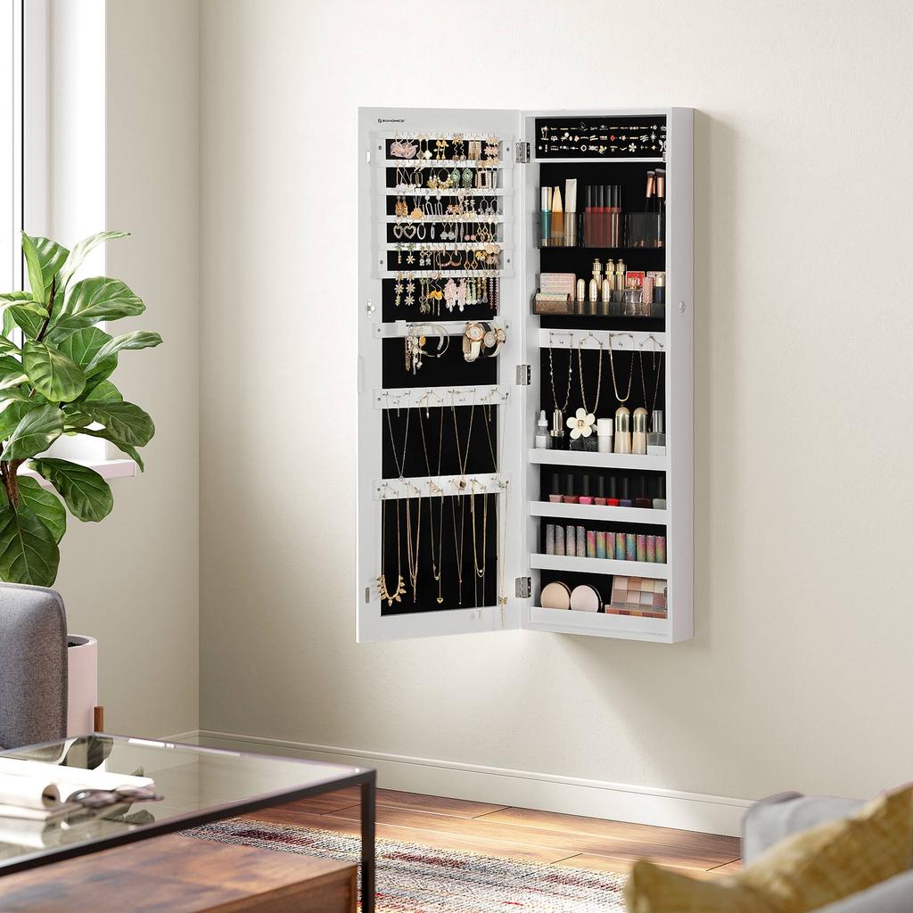 SONGMICS Jewellery Cabinet Armoire, Lockable Wall-Mounted Storage Organiser Unit with 2 Plastic Cosmetic Storage Trays, Full-Length Frameless Mirror