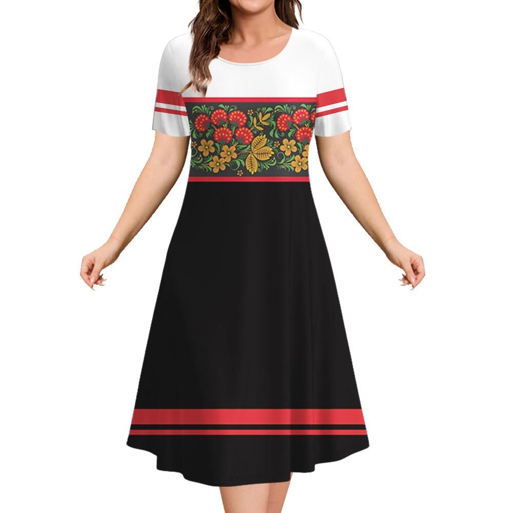 Ethnic Style Women's A-line Skirt Summer Fashion Casual Dress Flower Clothes Ladies Loose Casual Round Neck Dress
