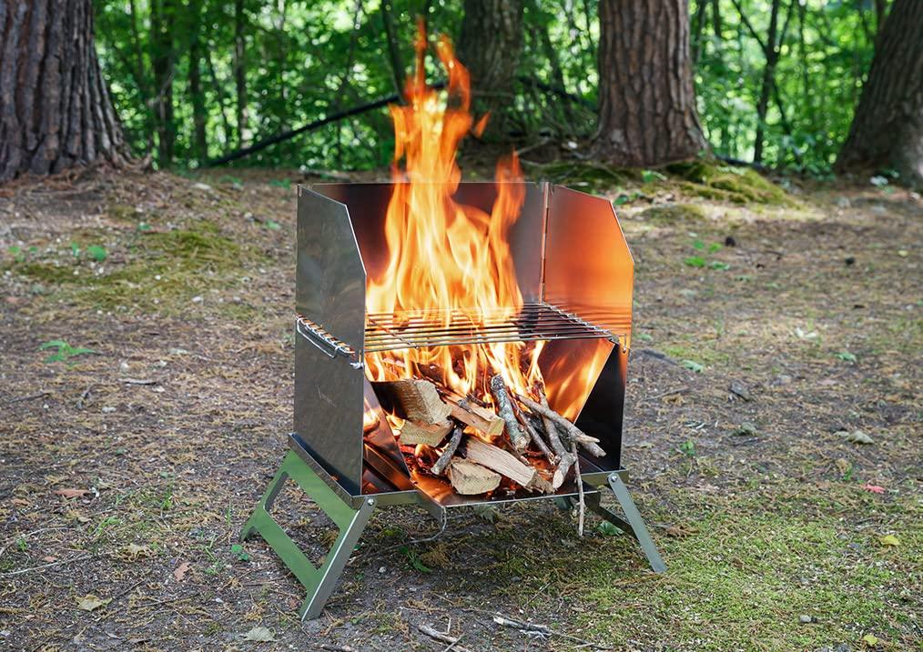 Tenmaku Design Bonfire Grill Solo Camping Bonfire Stand Windscreen Trouba Nerezová ocel Skládací Holandská trouba Použitelný "Tonbi"