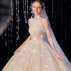 French Vintage Wedding Dress - Luxe Princess Ball Gown with Heavy Embroidery, Cathedral Train Bridal Dress