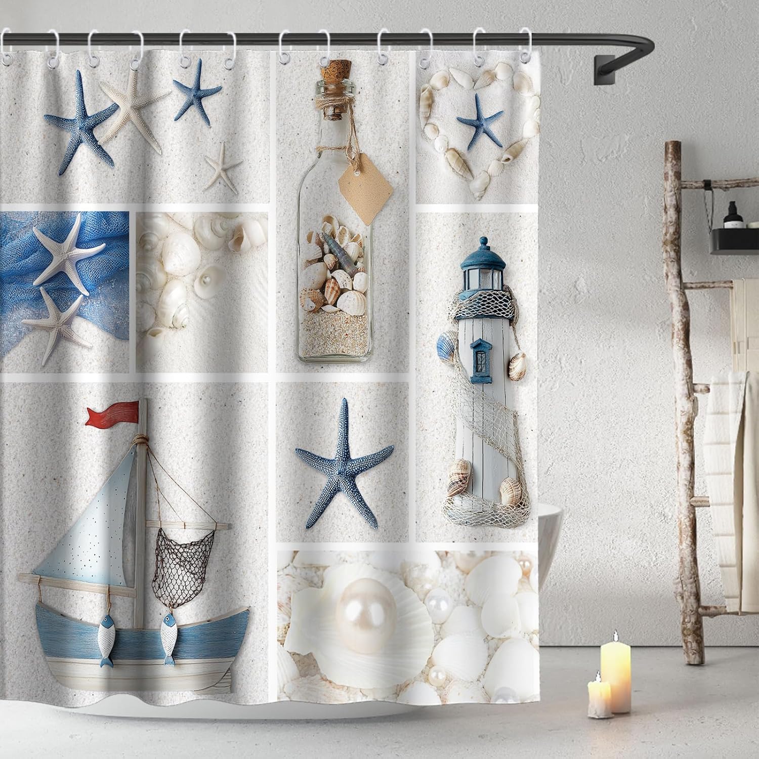 

Beach Ocean Coastal Printed Shower Curtain Nautical Seashell Modern Aesthetic For Bathroom Decor W60H190(CM)-1 Pcs