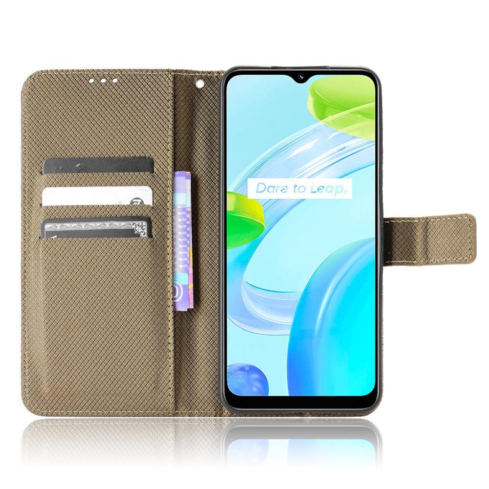 

For Realme C30 4G Supporting Stand Wallet Phone Case Wrist Strap Diamond Texture PU Leather Phone Cover Brown
