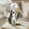 Vintage Inlaid Green CZ Frog Women's Ring Ethnic Two Color Hand Carving Daily Wear Party Jewelry Anniversary Gift