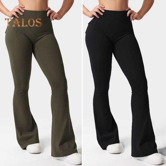 Women Yoga Pants Solid Color Slim Fit Flared Pants with Pockets Thin Elastic Cargo Style Sexy Ruched Long Pants