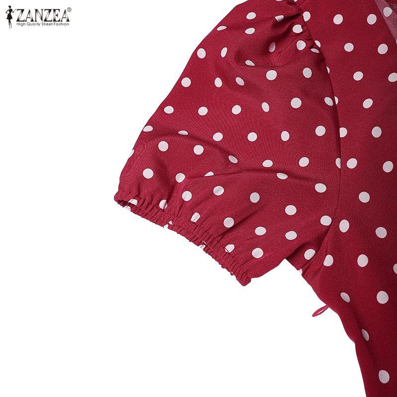 ZANZEA Women Square Collar Casual Short Sleeve Elegant Polka Dot Dress