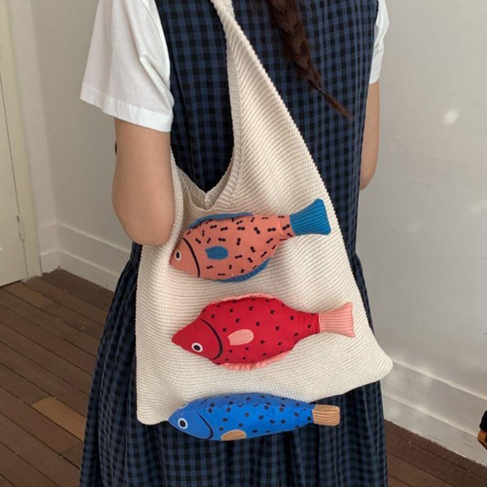 Summer Weave Knitted Bag Cotton Beach Bag Fashion Fish Shoulder Bag Women