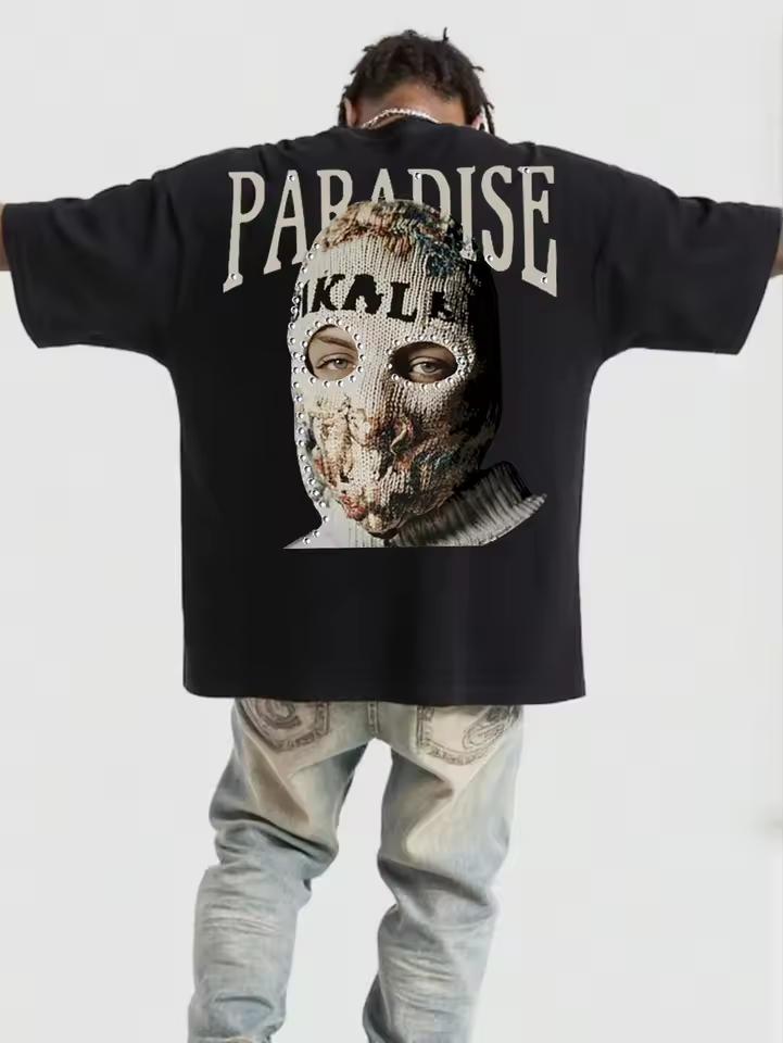Men'S Black T-and kids tshirt with Skull Floral Print Paradise Streetwear Style Casual Crew Neck Short Sleeve Lightweight