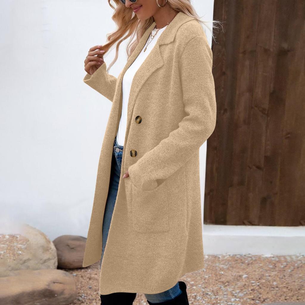 Women's Lapel Long Sleeve Mid-Length Woolen Coat Loose Fit Casual Fall Winter Blazer Jacket