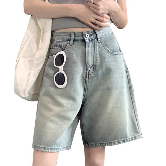 

HWomen Джинсові шорти з високою талією, вінтажні випрані прямі широкі брюки чистого кольору, застібка-блискавка, вуличний одяг, джинси до коліна, короткі штани XXL світло-синій колір