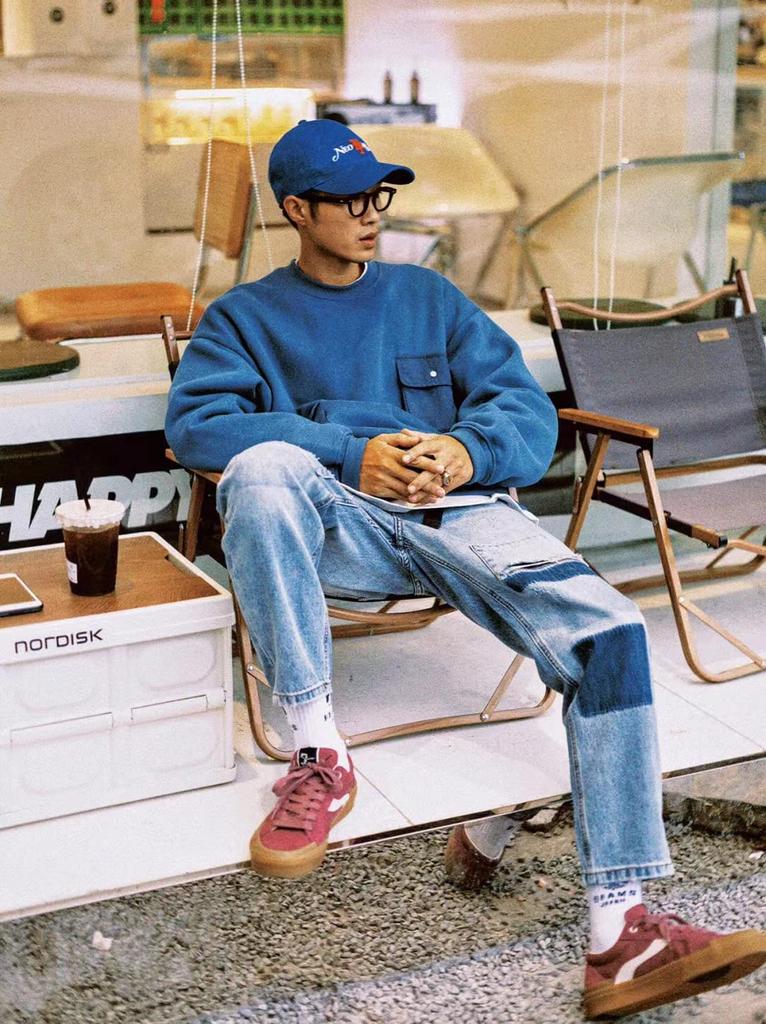 CHANGE WELL Men's Plus Size 2022AW Fashion American Vintage-Style Denim Pants, Straight Fit, Casual, Distressed Patch Jeans (BLUE, 28)