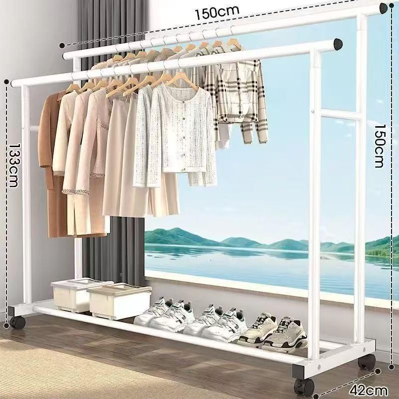 Sturdy Double Bar Wardrobe Rack for Dorms: Floor-Standing, Dual-Layer Clothes & Hat Hanger for Bedrooms and Balconies.