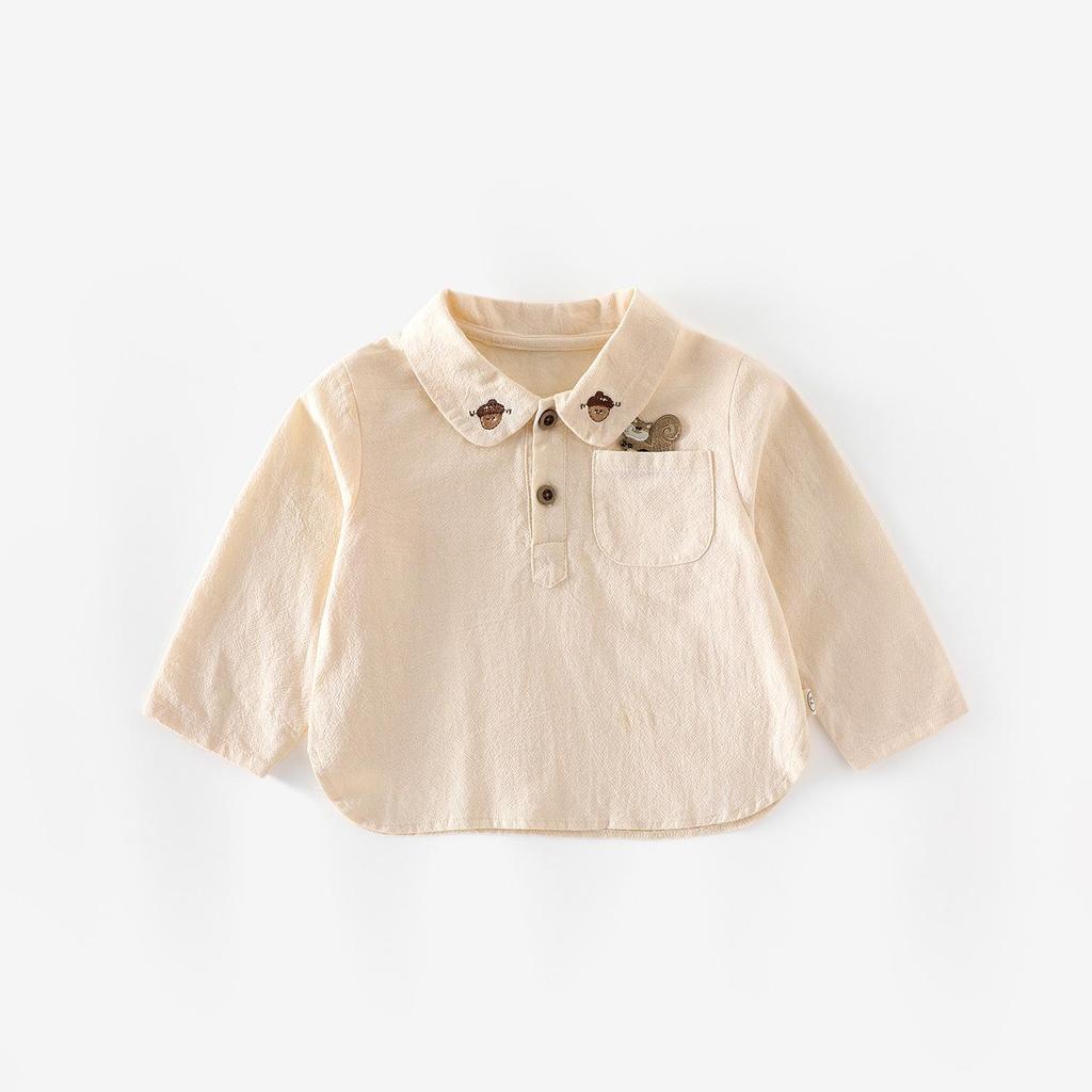 New Autumn 2025 Boys' Embroidered Squirrel Shirt: Stylish Korean-Style Top for Kids