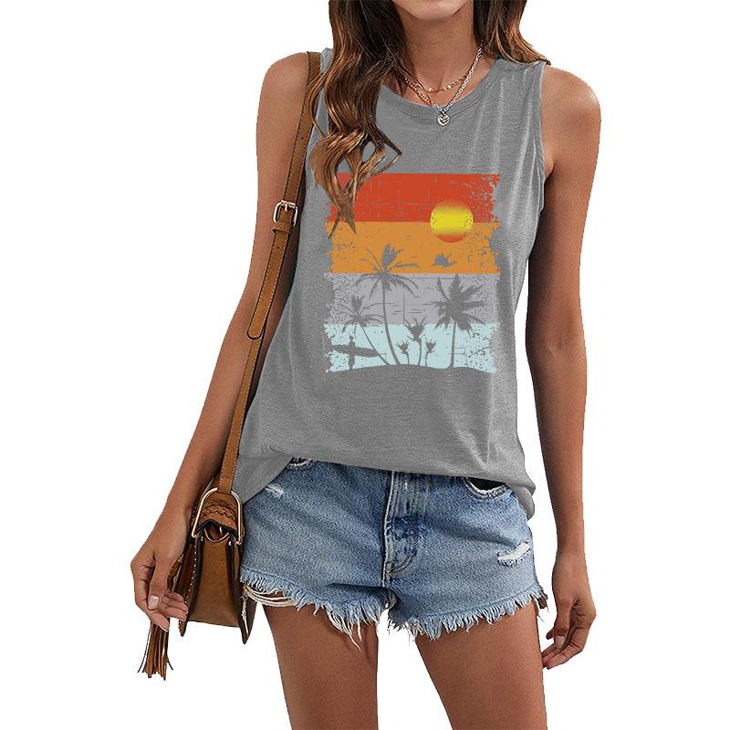 Women's Hawaii Landscape 3D Printed Sleeveless T-shirt, Y2K Street Clothing, Oversized Round Neck Tank Top, Off Shoulder, Women's Sleeveless T-shirt