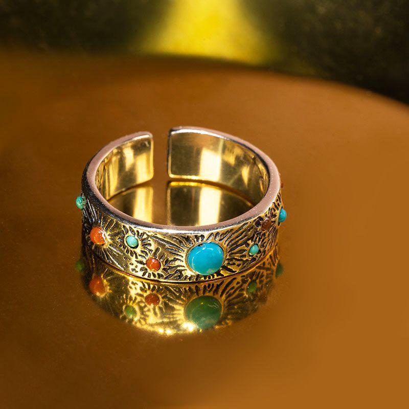 

Colored Stone High Quality Trend Ring Inlay Turquoise And South Red Tourmaline Rings For Women Glossy Hip-Hop Style Fin Jewelry resizable