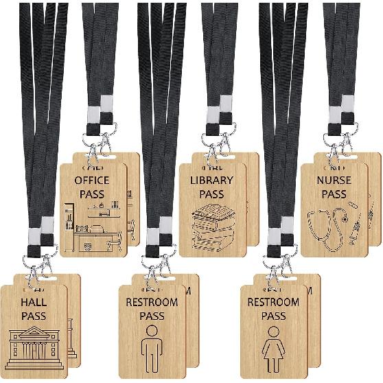 Yeaqee 12 Set Hall Pass Lanyards Restroom Pass Unbreakable Wooden Hall Passes for Office Nurse Home Library Gift Supplies(Black) чёрный