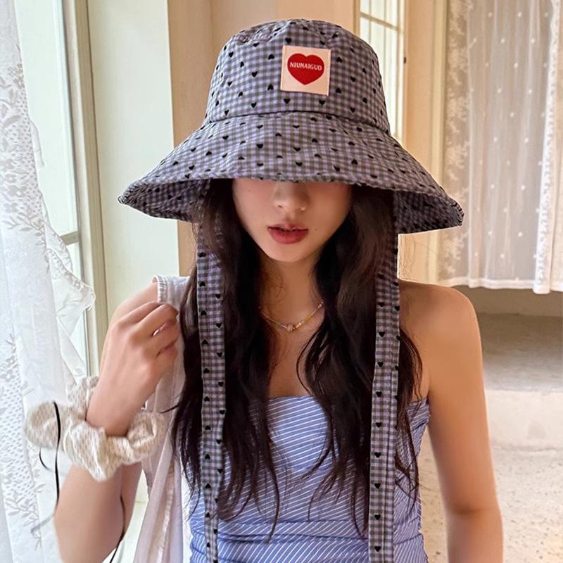 Love Patch Strap Fisherman Hat Sweet Checked Fisherman Hat Large Brim UV Foldable