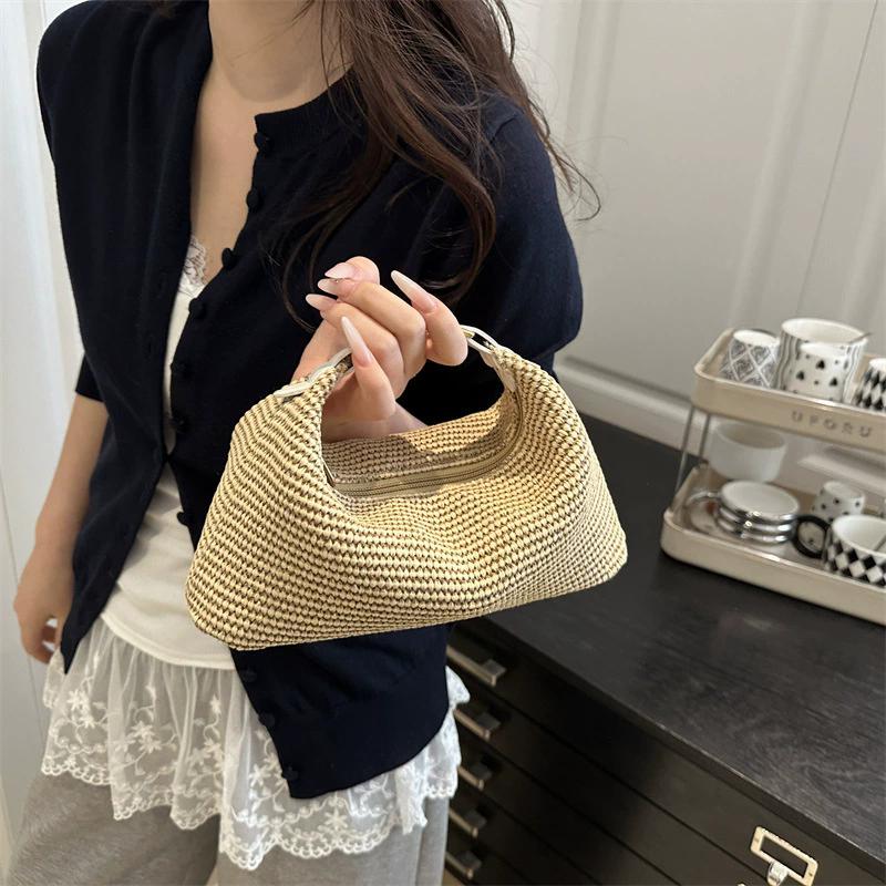 Raffia Straw Woven Clutch Purse Hobo Dumpling Women Handbag Summer Beach Grass Braided Solid Color Evening Bag KTB