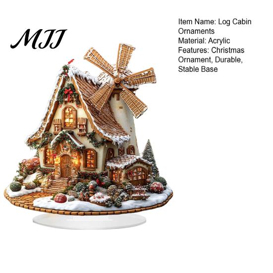 Waterproof Acrylic Holiday Crafts Gingerbread Log Cabin Ornament, 2D Table Decoration, Standing Christmas Ornaments Double Sided for Home Party