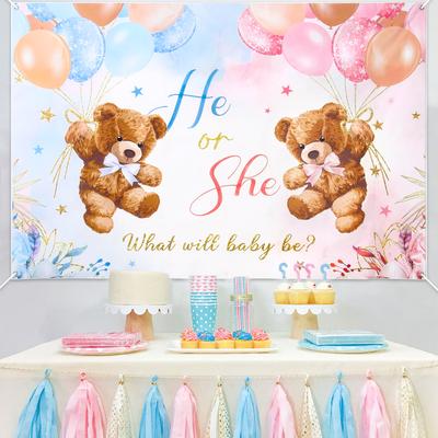 Bear Hot Air Balloon Backdrop Pink or Blue Bear Gender Reveal Background We Can Bearly Wait Gender Reveal Party Decoration