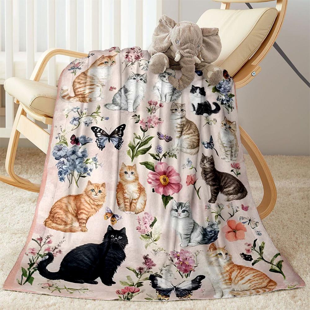 Cats In A Garden Flannel Blanket,Lightweight,Office Blanket,Sofa Blanket,Comfortable Blanket