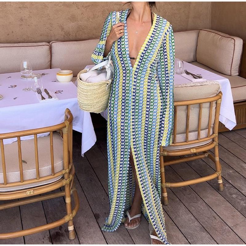 Лоскутное Женское Трикотажное Платье с Глубоким V-образным Вырезом — фото 3