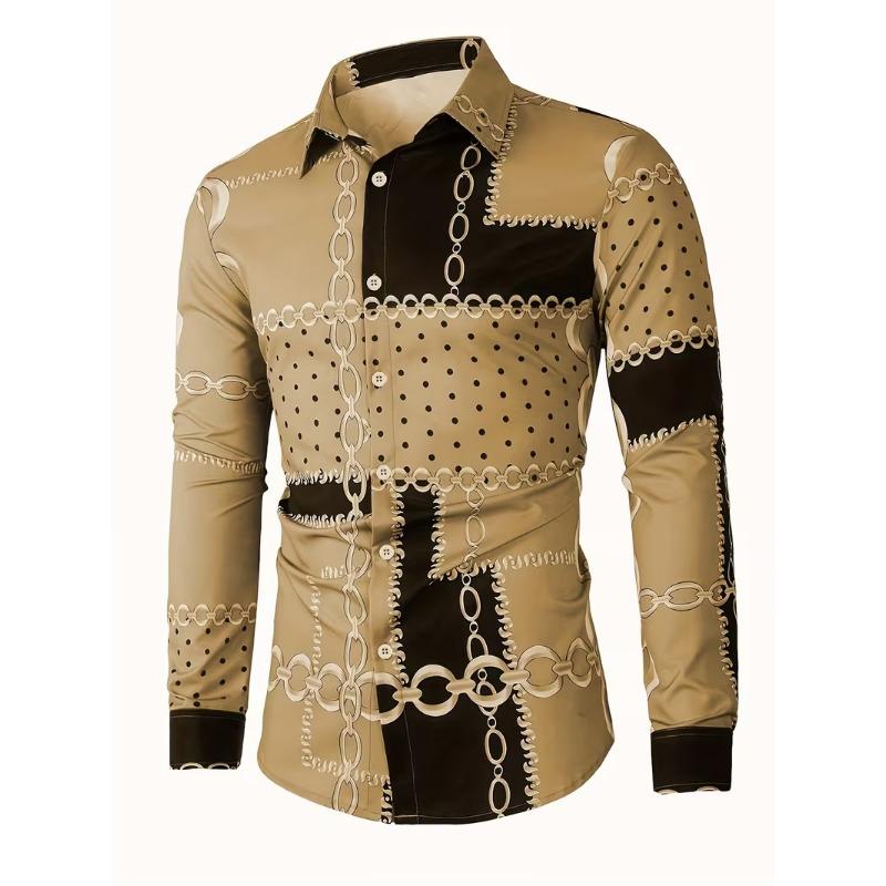 Spring Autumn New Men Long Sleeve 100% Polyester Shirt Tops Chain Pattern 3D Digital Print Business Casual Shirt