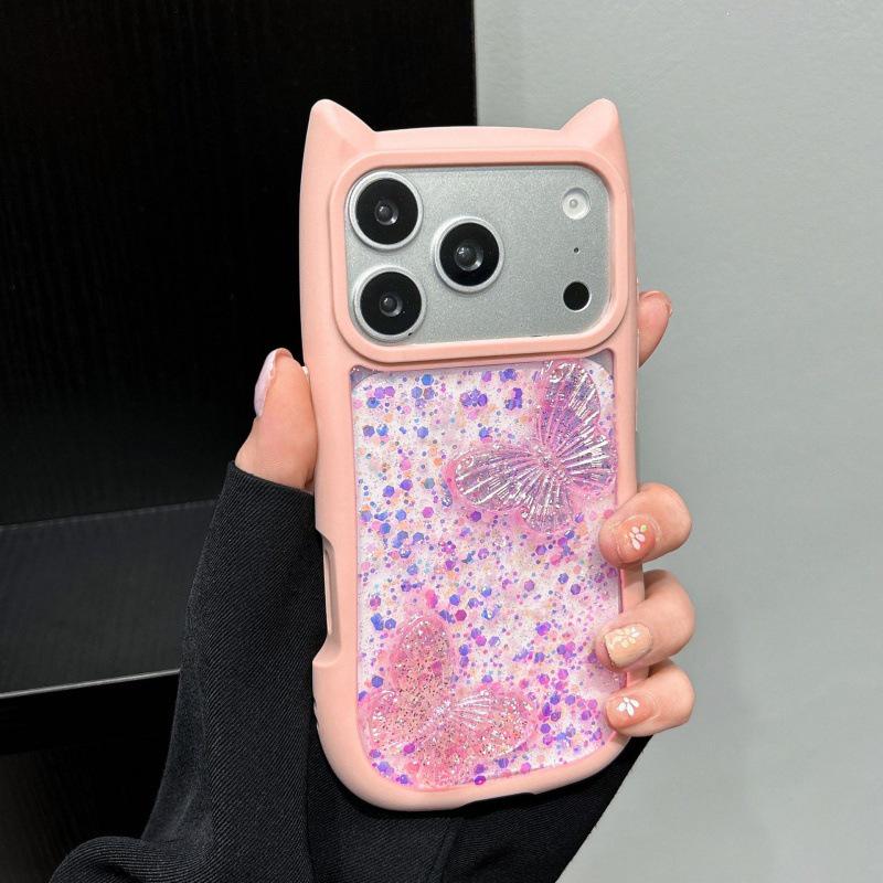 

iPhone 17 Pro Max 3D Gel Butterfly & Cat Ear Drop-proof Cartoon Phone Case for Apple 15 iPhone 14 Pro Max рожевий