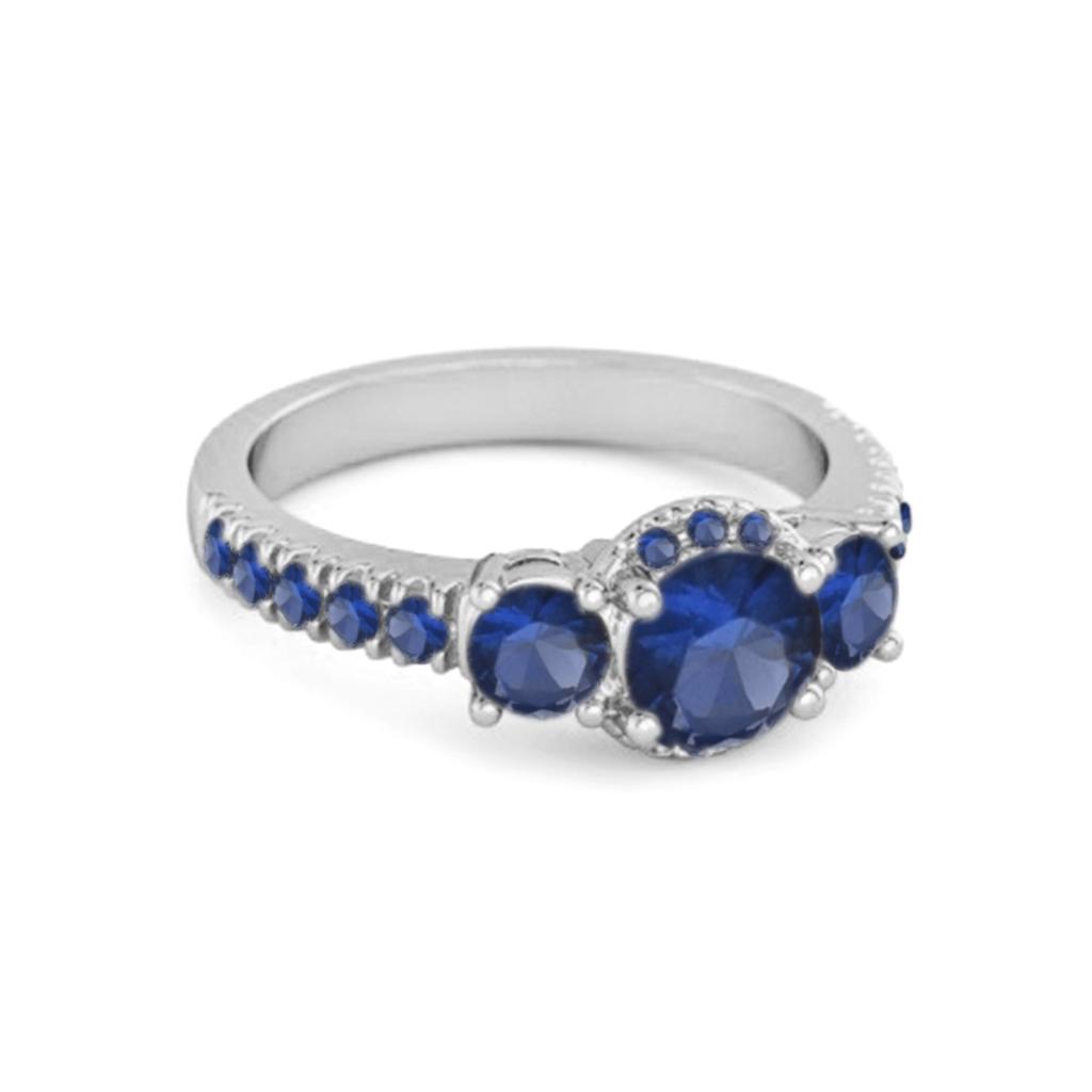 Blue Sapphire Three- 925 Stone Halo pave Band Ring - 925 Sterling Silver