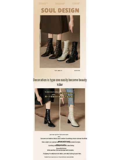 Pleated Retro French Ankle Boots with Velvet Lining, Mid-Calf Height, Back Zipper, and Slim Square Toe for Women.