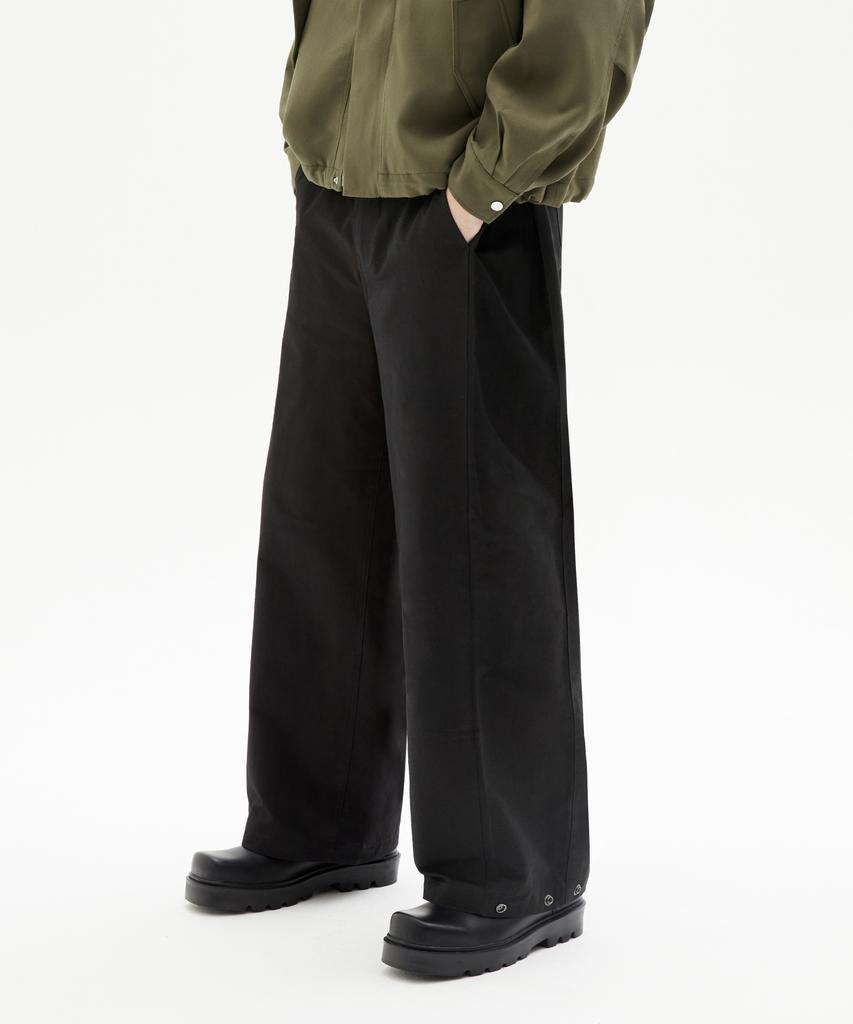 TRILLION Side Tuck Snap Button Wide Cotton Pants (Black)