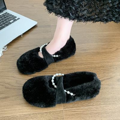 Moda Kore Ayakkabıları İnci Dekorasyon Sonbahar Her Şeye Uyan Kadın Ayakkabıları Loafer Kürk 2024 Yaz Büyükanne Boncuklu Yeni Sonbahar Elbise Moda F