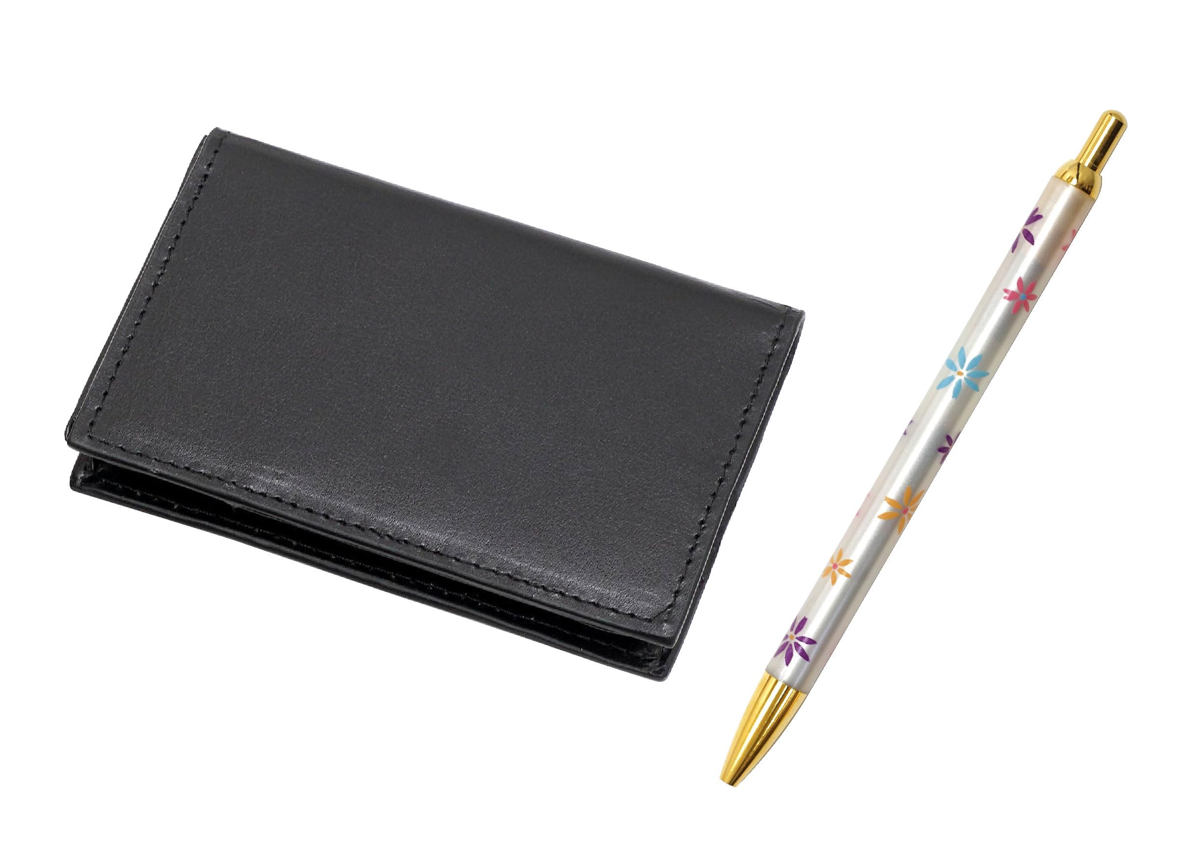 

Recycled Cowhide Business Card Holder with Floral Ballpoint Pen Set 4-Pocket T23-LS030B-HS380B