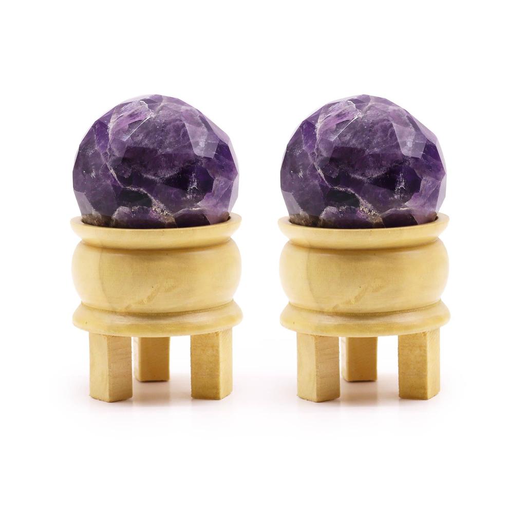Amethyst Crystal Faceted Sphere with Wooden Stand