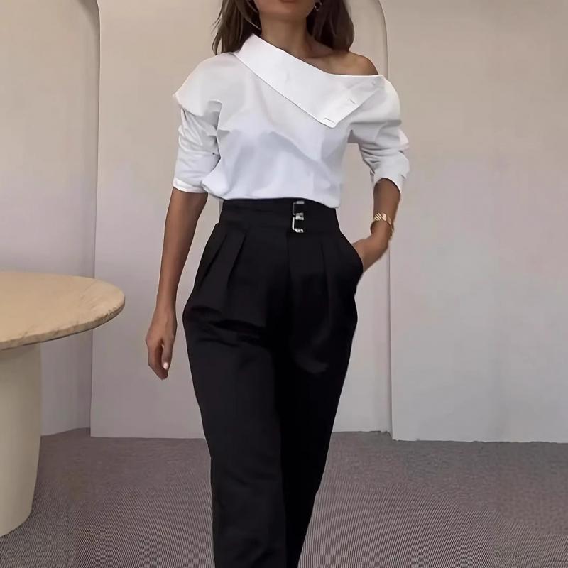 2026 New Elegant High Collar Metal Buckle Off-Shoulder Shirt Top for Women
