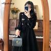 Korean Style Autumn Winter Women Midi Dress V Neck Knitting Floral Patchwork Corduroy Dress Vintage Long Sleeve Elegant Dress