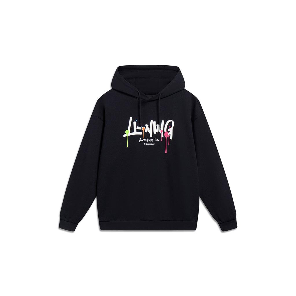 Li-Ning Letter Pattern Print Hooded Long Sleeve Sweatshirt Unisex Tops Black AWDT559-2